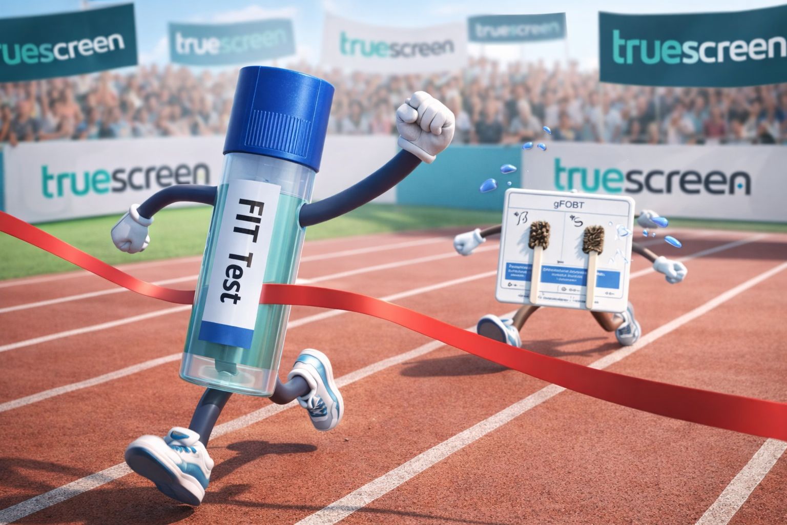 Bowel cancer screening FIT Test vs less reliable FOB Test: Image of FIT test winning a race with the FOB test behind symbolizing the outdated technology of FOB tests