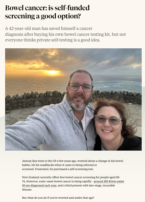 A text-based editorial layout with a large headline reading 'Bowel cancer is self funded screening a good option?' above a photo of a man standing outdoors in front of a rocky shoreline at sunset. Smaller photos of a smiling woman and two men appear along the bottom on a white background with black text.