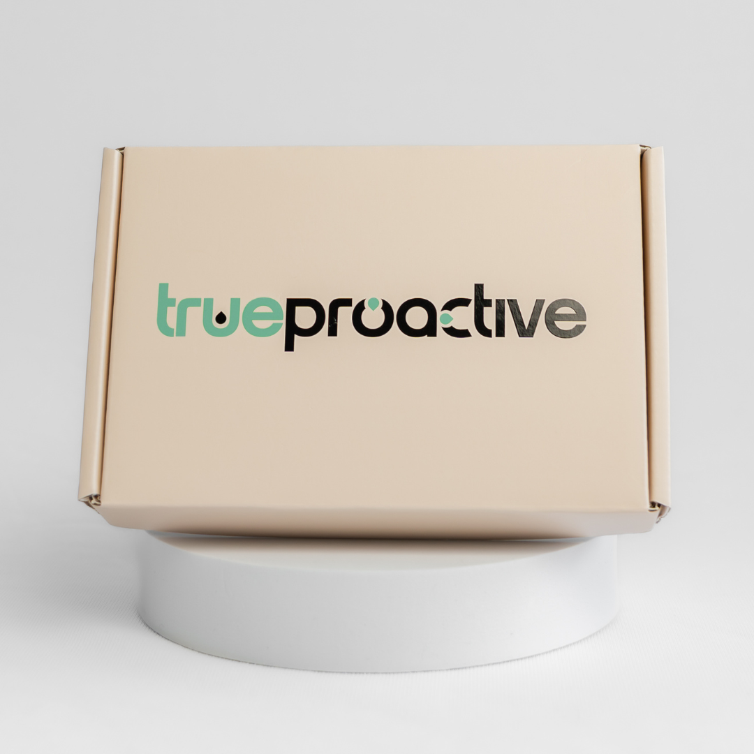Beige box with 'true proactive' branding on a white background. Bowel cancer screening FIT Test.