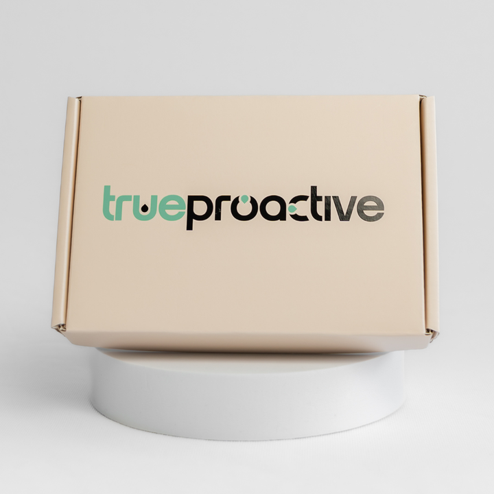 Beige box with 'true proactive' branding on a white background. Bowel cancer screening FIT Test.