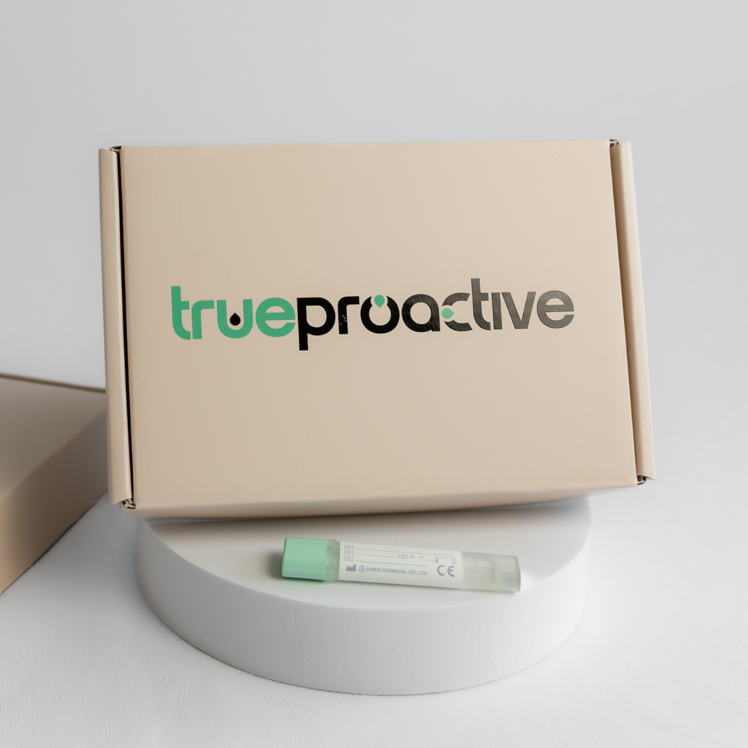 True Proactive bowel cancer screening FIT Test box with 'true proactive' branding on a white surface