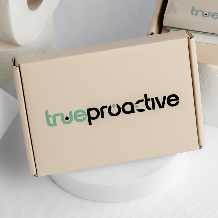 True Proactive bowel cancer screening FIT Test box with 'true proactive' logo on a white background