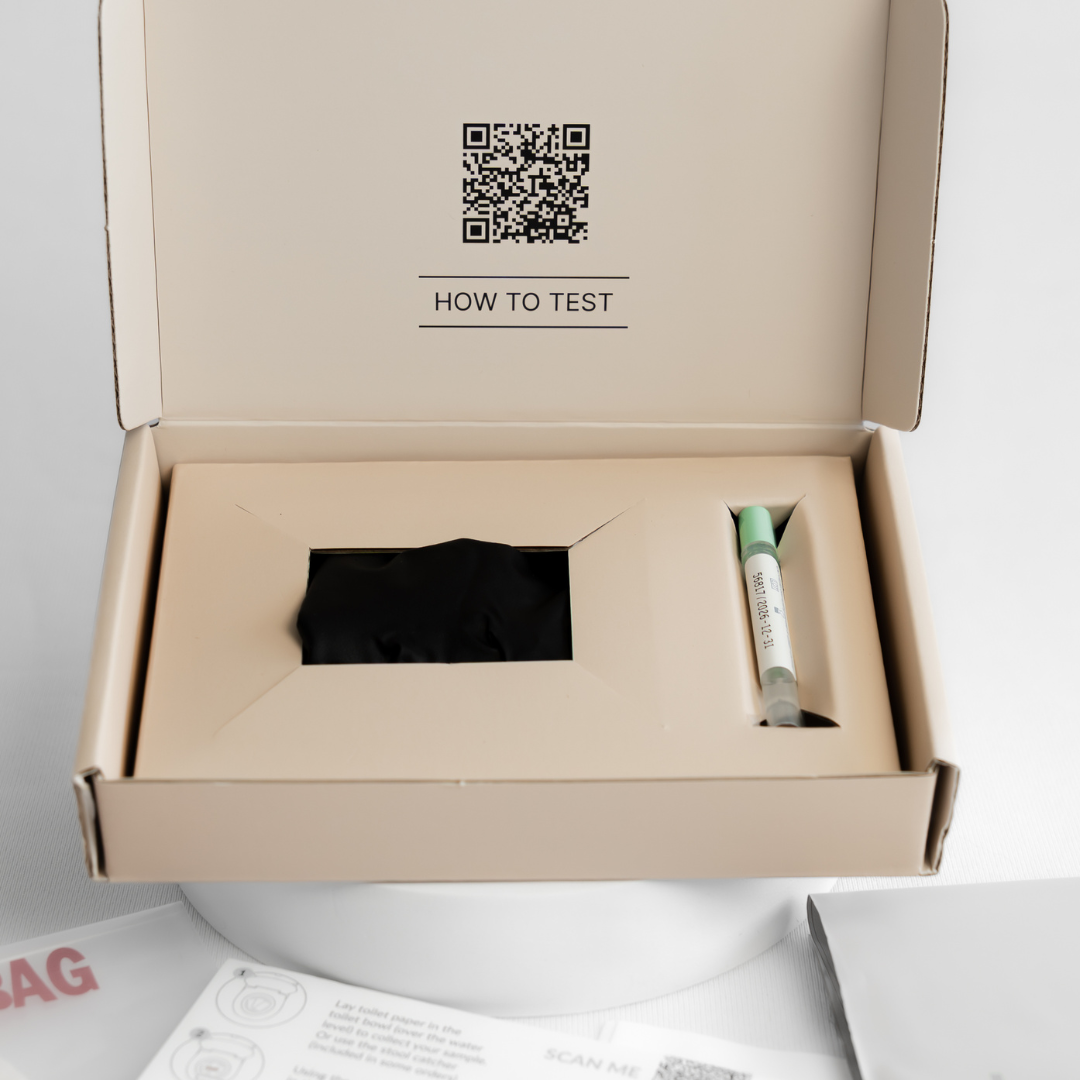 Open True Proactive bowel cancer screening FIT Test box with a QR code and text on a white background